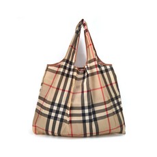 휴대용 접이식 장바구니 에코백 라지 대형 빅사이즈 쇼퍼백, 베이지 체크, 1개