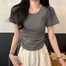 cammello 무지 사이드 셔링 라운드넥 반팔 크롭티 여성 크롭 티셔츠