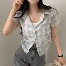 쪼예 옆셔링 빈티지 체크 크롭 스트링 반팔 셔츠 남방