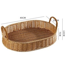 仿藤編桌面收納筐 書房蔬菜三明治整理籃 超市梯形展示麵包筐 多用途桌面整理籃 透氣防潮文青風格置物筐gacq2o, 淺色升級加固橢圓雙耳提盤, 1個