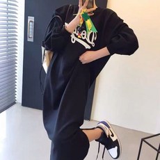 레터링 맨투맨원피스 봄 기모 면 블랙 배색 데일리룩 롱 여성 홈원피스 빅사이즈원피스 겨울