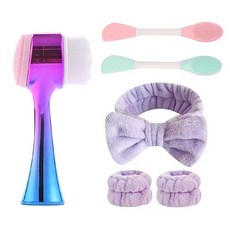 수동 페이셜 클렌징 브러시 투인원 스킨 케어 페이스 헤드밴드 손목 밴드 세트 마스크 2개 6개 그라데이션 퍼플 236820, Blue+purple
