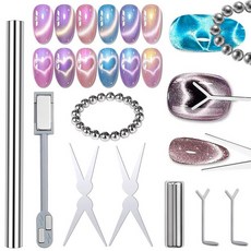 XEAOHESY 캣아이 네일 도구 27개 - 양면 강한 네일 자석 마그네틱 비즈 원통형 자석 가위 및 Y자형 플레이트 프렌치 하트 캣아이 효과용, 프렌치 & 하트 네일 자석-02