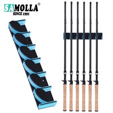 釣友俱樂部 壁掛式魚竿展示架 6孔 塑料支架 免打孔 漁具收納, 藍色,魚竿支架