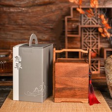 胡桃木手提食盒多層便攜式提盒一體輕奢新中式點心收納盒茶盒茶道, 1個, 胡桃木手提盒-三層