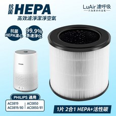 LuAir 空氣清淨機濾網 適用 Philips AC0819 AC0850, 1個, 2合1 抗菌HEPA+活性炭