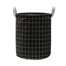 棉麻圓筒洗衣籃 摺疊收納, 黑底方格