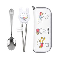 里和 韓國正版 米菲兔 304不鏽鋼 兒童 餐具組 學習筷 湯匙 叉子 餐盤 水壺 水杯 防燙碗 學習碗筷 樂扣式 餐盤, 1個, 餐具3件組, 銀色, 餐具3件組