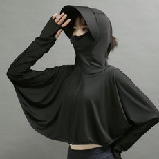 여성용 자외선 차단 크롭 후디 큰 모자 처마 얇은 의류 망토 스타일 짧은 스웻셔츠 탑