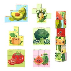 AOMACO 마그네트 블록 입체 퍼즐 6테마 6면 퍼즐 쿠구미야카쿠 자력 블록 9피스 세트 교육완구 입체퍼즐 자석 큐브 공룡 우주 동물 탈것 과일과 야채 어른 아이 모두 즐길 수