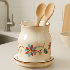생활예찬 예쁜 빈티지 도자기 물빠짐 수저통 수저 꽂이 정리함, 1개, 꽃무늬