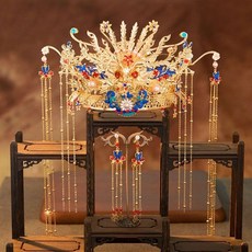 巨匠工廠新款秀禾服頭飾結婚中式婚禮古裝鳳冠霞帔新娘龍鳳褂飾品套裝, 1個, 鳳冠霞披鳳冠+耳夾