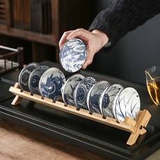 青花瓷茶具套裝 斗笠杯茶杯 功夫品茗杯 單主人杯茶盞6只 含杯架, 1個, 飛龍在天大號6個杯送折疊杯架,大號斗笠杯85ml, 飛龍在天大號6個杯送折疊杯架