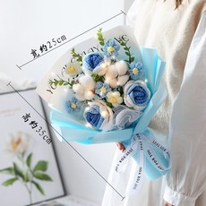 여성 니트 장미 꽃다발 선물 DIY 뜨개질 꽃, 그라데이션 블루 그라데이션 블루 3송이 장미 꽃다발 중
