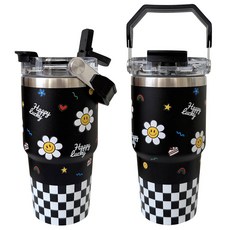 바이코코 스마일 데이지 보온 보냉 스텐 예쁜 손잡이 빨대 텀블러, 1개, 600ml, 블랙