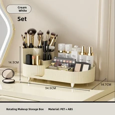 특대형 회전식 무타공 플라스틱 수납함 화장품 정리함 데스크탑 디바이더 풀카트 커버 크림 스타일, 04 회전 수납 콤보 세트 (크림 화이트)