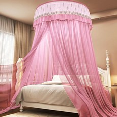 吊頂家用臥室落地式免打孔加加密加厚單雙人公主風紋帳蚊帳, 粉色 直徑1.35米 無需打孔/美觀防蚊,1.8*2.2米牀使用-送備用粘貼