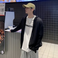 【潮流港風】連帽針織衫 毛衣男 開衫外套 針織開衫 寬鬆上衣 鏤空設計 個性bf風 oversize版型 春秋季百搭