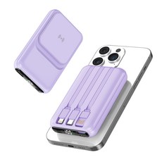 맥세이프 호환 보조배터리 대용량 20000mAh 15W무선+PD22.5W 고속충전 케이블 일체형 LCD잔량표시, 퍼플, 1개, W010