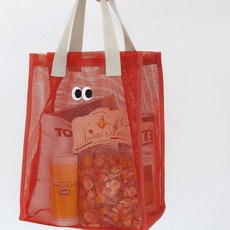 限時下殺 韓國夏日新款可愛眼睛休閒旅行透氣網眼手提包沙灘包收納包洗漱包網紗手提袋可愛眼睛休閒旅行FJHV, 橙色網眼單肩包