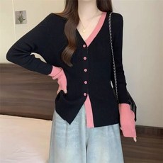 배색가디건 여성 블랙 가디건 핑크 재킷 다크 니트 블루 슬림핏 배색 kg M 이내 카디건