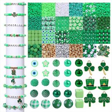 2566PCS+ 세인트 패트릭의 날 비즈 주얼리 제작용 그린 헤이시 진주 별 글자 클레이 나무 아일랜드 라운드 루즈 비즈 에나멜 행운 토끼풀 모자 펜던트 DIY 목걸이, 그린 세인트 패트릭의 날