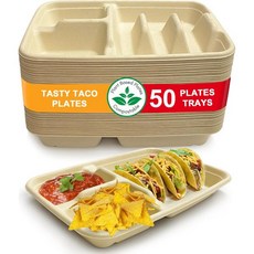 Tasty Taco 타코 홀더 트레이 꽂이 3-타코스 & 2-사이드 플레이트 칸막이가 있는 일회용 종이 접시 – 50팩 파티용 피에스타 화요일용 스탠드 바 전자레인지 안전 50
