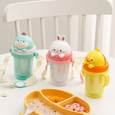 NEW 에디슨 프렌즈 흘림방지 이중 스텐 빨대컵2 + 어깨끈, 오리 EF1837 + 옐로우 어깨끈 ES0908, 1개, 300ml