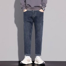 潮流時尚百搭牛仔褲男，彈力直筒中腰寬鬆顯瘦休閒長褲，耐磨耐穿, 36 建議體重85-95 公斤, 藍灰