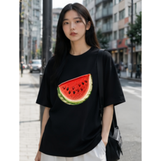 과일 프린팅 반팔티 남녀공용 오버핏 빅사이즈 티셔츠 체리 사과 수박 포도 그래픽 여름 캐주얼 커플룩 데일리 반팔티 화이트 블랙 S~5XL 국내프린팅