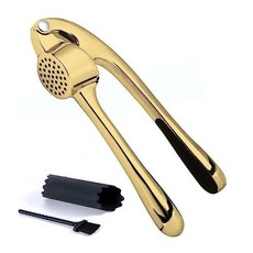 DFMEI 廚房工具金色剝蒜器玫瑰金蒜泥器銀色壓蒜器, 1個, 金色 鋅合金壓蒜器+剝蒜器+清潔刷:如圖