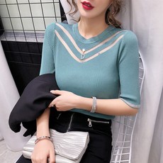 유니픽 여성 패셔너블 슬림 반팔 블라우스 시스루 V넥 디자인 ZHB