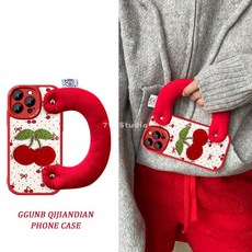 滿屏波點蝴蝶結大櫻桃棉腕帶手機殼，適用於iPhone 16 Pro Max/15/14/13，腕帶手機套