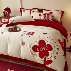 中式婚慶大紅色結婚四件床單被套，新婚陪嫁婚房喜被, Mylove-奶玉,1.8m床笠款四件套【標準雙人床, 大紅色, Mylove