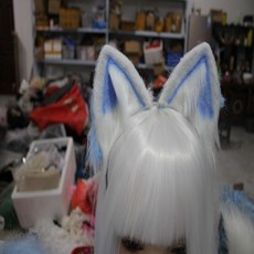 仿真毛絨獸耳髮箍，cosplay狼耳頭飾, 1個, 獸耳髮箍-藍白（高約10cm）