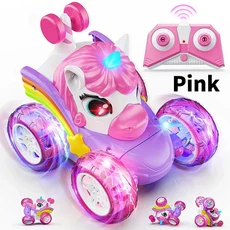 소녀용 유니콘 원격 제어 자동차 360 귀여운 조명이 장착된 회전 4WD 스턴트 RC 자동차 충전식 장난감-어린이 생일 선물용, Pink