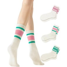 Yawlsow 여성용 필라테스 그립 양말 3쌍 요가 그립피 스트라이프 레트로 크루 양말 미끄럼 방지 스티키 바레 양말 그리퍼 포함