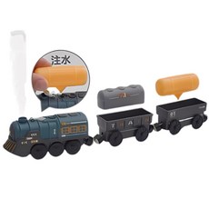 木製軌道電動小火車玩具組 (兼容IKEA軌道), 新款-灰藍蒸汽運貨列車套裝, 1套