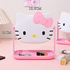 산리오 헬로키티 탁상 스탠드 360도 회전 수납 화장대 거울, 화이트-핑크 리본