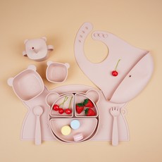 食品級矽膠小熊造型兒童餐具9件套組, 小熊型 - 矽膠餐具 9件套 - 淺裸粉色, 1個, 如圖