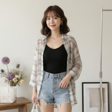 데일로엔 여성 여름 얇은 블라우스 체크 긴팔 남방 셔츠