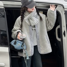 메이징키즈 주니어 여아 겨울 기모 스트라이프 목도리 플리스 뽀글 자켓 점퍼