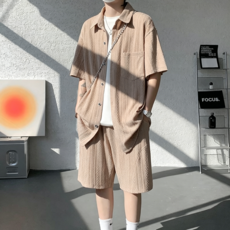 ANYOU 남성 여름 오버핏 반팔 셔츠 상하 세트 데일리 캐주얼 반바지 세트