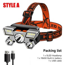 초강력 5 LED 헤드라이트 USB 충전식 18650 낚시 램프 장거리 헤드 마운트 광산 손전등, Style A, 1.Style A, 1개
