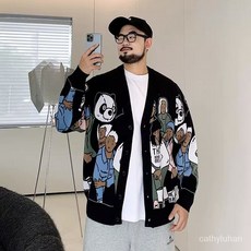 7EUP 大碼針織外套男，潮牌秋冬季開衫毛衣，寬鬆V領提花大尺碼毛衫