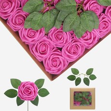 ECLATIS YEHLIABO 노란색 조화 실제 모양의 폼 인조 장미 50개 인공 웨딩 꽃 콤보 부케 센터피스 꽃꽂이 장식용 옐로우 50 304935, 푸크시아