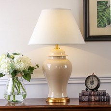 세라믹 호리병 테이블 램프 앤티크 침실 스탠드 조명, 버튼 스위치, 베이지옐로우 대형 캔 높이 66cm