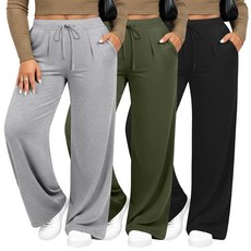 Evervibe 3팩 여성용 플러스 사이즈 와이드 레그 요가 팬츠 드로스트링 라운지 스웨트팬츠 루즈 캐주얼 운동 바지 포켓 포함 블랙 아미 그린 라이트 그레이 4엑스라