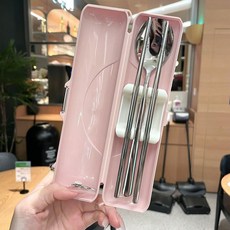스테인리스 휴대용 식기 세트 학생용 젓가락 숟가락, 1개, 3종 순은 연분홍