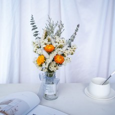 玫瑰幹花混搭花束 勿忘我diy客廳房間真花擺件 ins北歐風家居裝飾, 黃雛菊HS+250廣口瓶